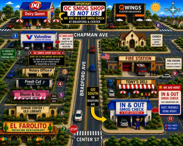 Illustrated map showing In & Out Smog Check at Bradford Ave and Center St in Placentia