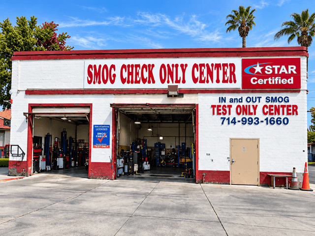 In & Out Smog Check storefront in Placentia, California